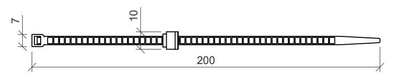 Technische Zeichnung eines Kabelbinders mit Clip, 200 mm lang und 7 mm breit. Der Kabelbinder besitzt eine typische Verzahnung entlang der Länge sowie einen rechteckigen Verschlusskopf an einem Ende und einen Clipmechanismus in der Mitte. Die Zeichnung zeigt eine Seitenansicht mit Maßangaben: 10 mm Abstand zwischen Kopf und Clip, Gesamtlänge 200 mm. Die Zeichnung dient der Darstellung für Montage oder Produktspezifikation. Verpackungseinheit: 100 Stück.