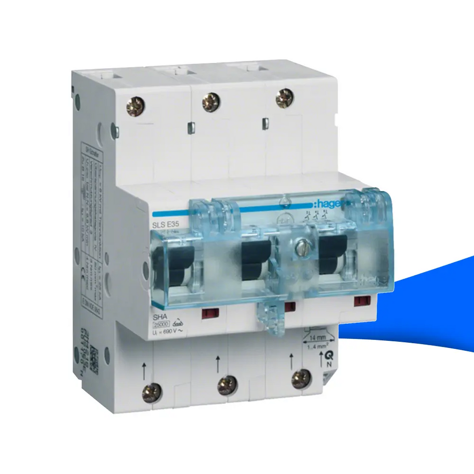 Dreipoliger Hager SLS-Schalter HTN335E mit transparenter blauer Abdeckung, 35 A Nennstrom, für Hutschienenmontage in elektrischen Verteilungen – erhältlich bei SH24.