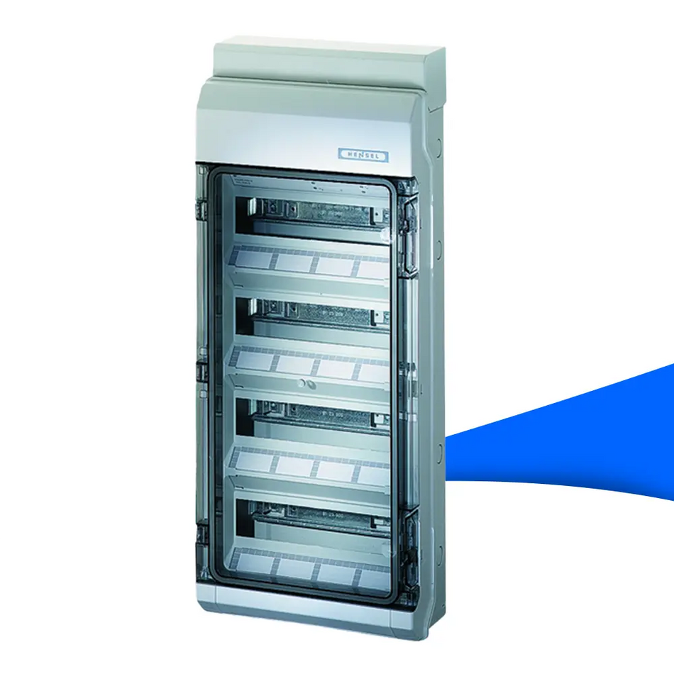 Hensel KV 4548 KV 90-Automatengehäuse mit 48 Teilungseinheiten (4x12), Aufputzgehäuse mit transparenter Tür, Schutzart IP54, widerstandsfähiges Kunststoffgehäuse für sichere Elektroinstallationen – erhältlich bei sh24.