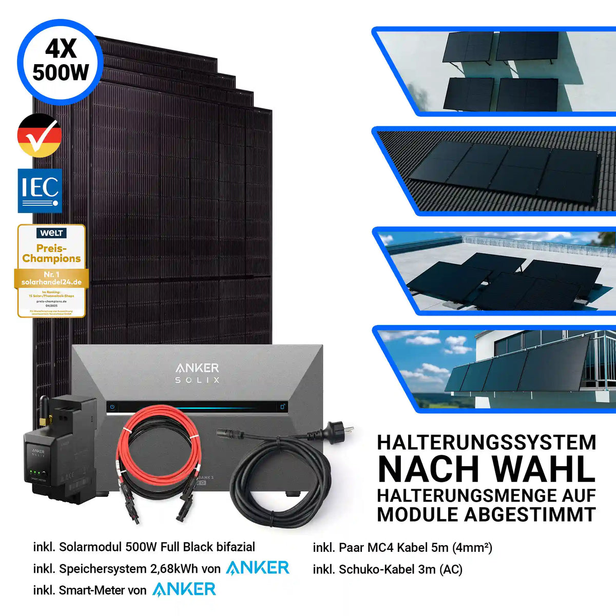4x Jolywood Solarmodul 500 Watt Halterungssystem nach Wahl Anker Speicher Solix 3 Pro und Kabel