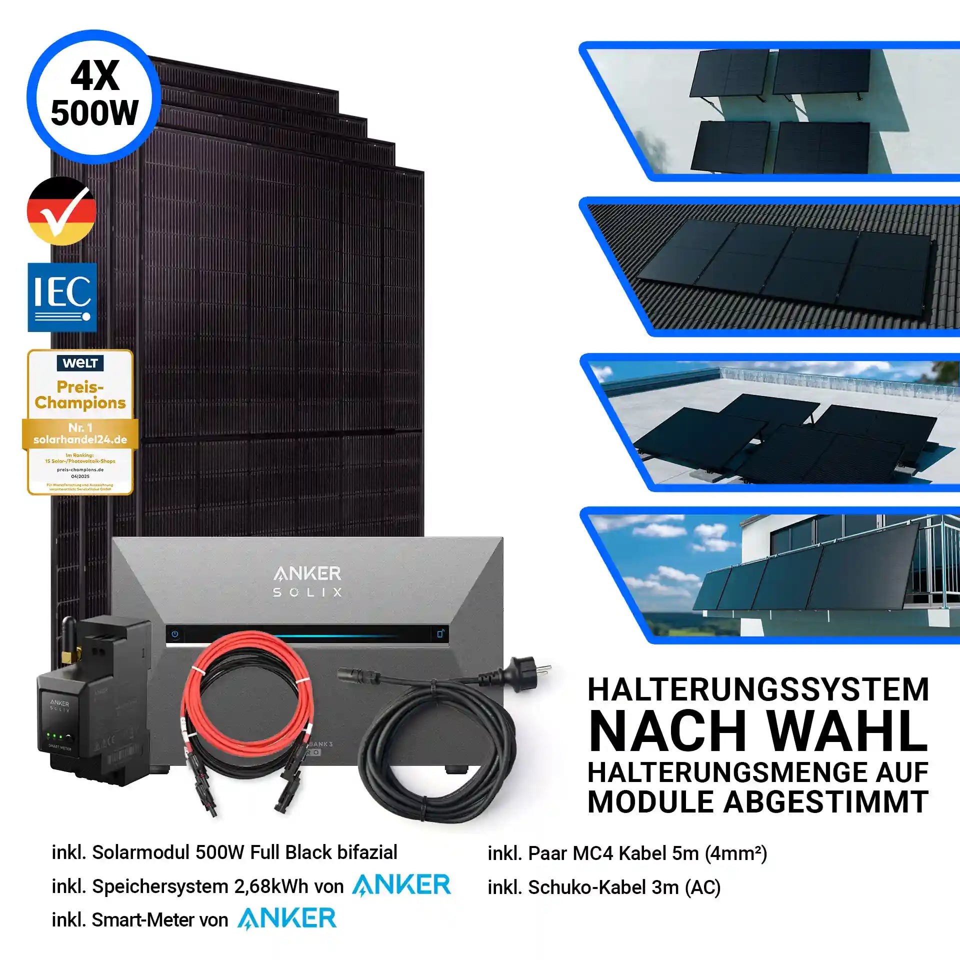 4x Jolywood Solarmodul 500 Watt Halterungssystem nach Wahl Anker Speicher Solix 3 Pro und Kabel