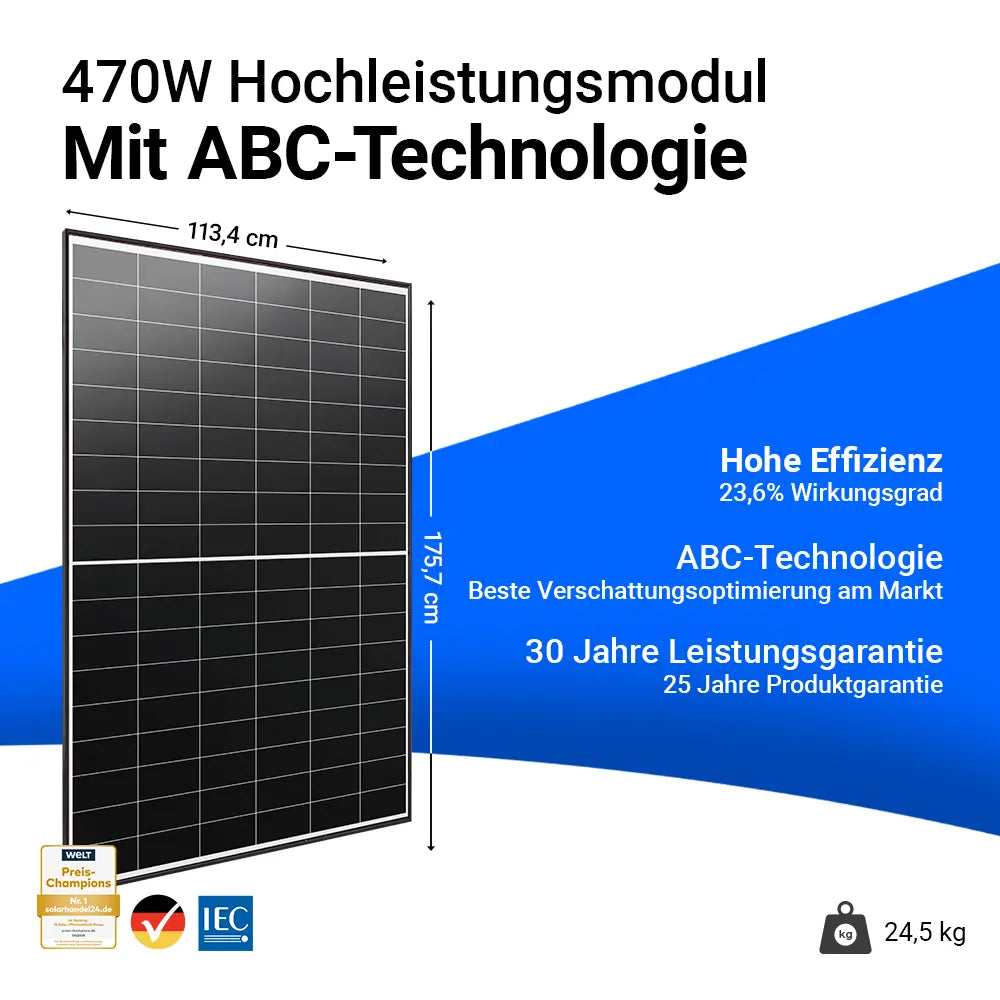 Aiko Solar 470W Glas-Glas Black Frame Solarmodul AIKO-A-MAH54Dw Neostar 2P+ – Hochleistungsmodul mit 23,6 % Wirkungsgrad, moderner ABC-Technologie für beste Verschattungsoptimierung, 30 Jahren Leistungsgarantie und 25 Jahren Produktgarantie. Maße 175,7 x 113,4 cm, Gewicht 24,5 kg. Erhältlich bei sh24.
