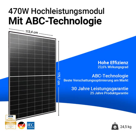 Aiko Solar 470W Glas-Glas Black Frame Solarmodul AIKO-A-MAH54Dw Neostar 2P+ – Hochleistungsmodul mit 23,6 % Wirkungsgrad, moderner ABC-Technologie für beste Verschattungsoptimierung, 30 Jahren Leistungsgarantie und 25 Jahren Produktgarantie. Maße 175,7 x 113,4 cm, Gewicht 24,5 kg. Erhältlich bei sh24.