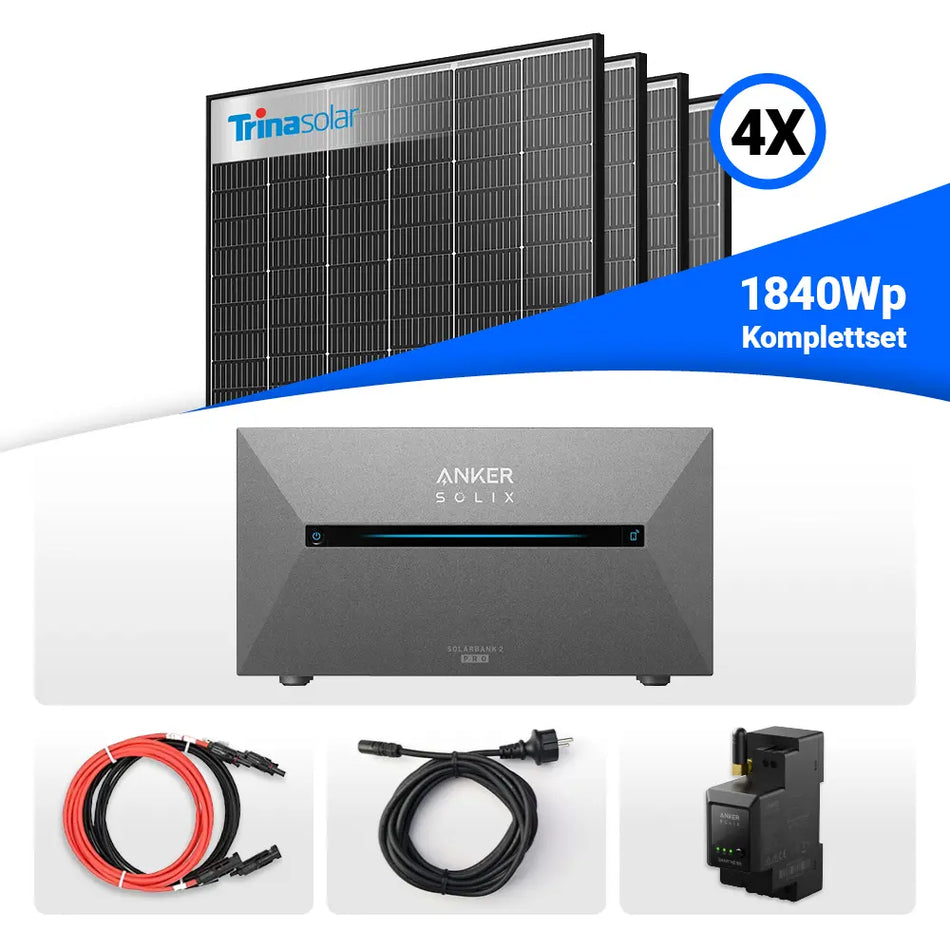 1840W Balkonkraftwerk Komplettset mit Speicher – ausgestattet mit 4x Trina Vertex S+ 460W Glas-Glas Black Frame Solarmodulen, Anker Solix Solarbank 2 Pro, Smart Meter sowie allen benötigten Kabeln und Zubehör. Erhältlich bei sh24.