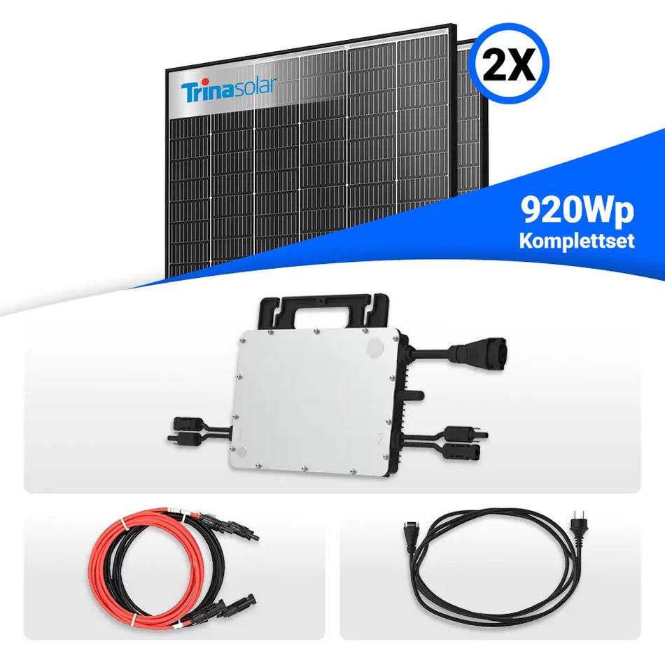 920W Balkonkraftwerk – Komplettset mit 2x Trina Vertex S+ 460W Glas-Glas Solarmodulen im Black Frame Design und Hoymiles HMS-800W-2T Wechselrichter. Inklusive MC4-Kabel und 5 m Schuko-Kabel für den Anschluss. Erhältlich bei sh24.