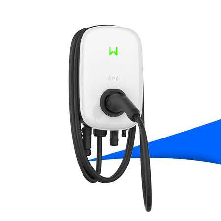 GoodWe GW22K-HCA-G30 Wallbox mit 22 kW, weißem Gehäuse und schwarzem Ladekabel