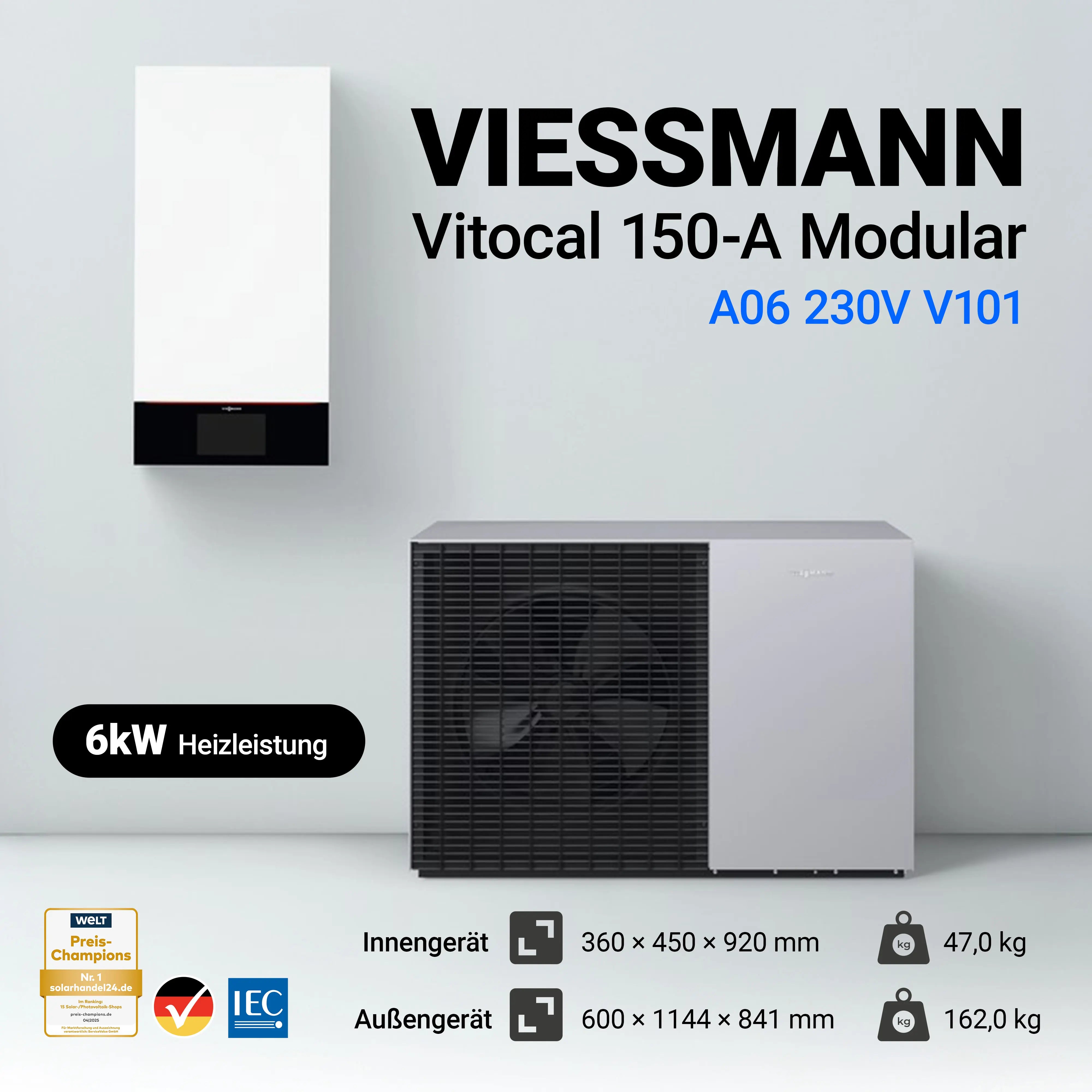 Energieeffizientes Heizsystem: Viessmann Vitocal 150-A (A06, 230V) Wärmepumpe mit 6 kW Heizleistung und Montagehilfe Comfort für eine einfache Installation.