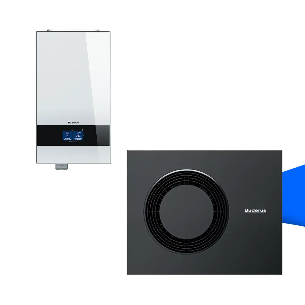 Die Buderus Logaplus M WLW186i-10 AR E W WLW186i-12 E ist eine leistungsstarke und energieeffiziente Luft-Wasser-Wärmepumpenlösung für die moderne Beheizung von Wohngebäuden. Abbildung in Weiß