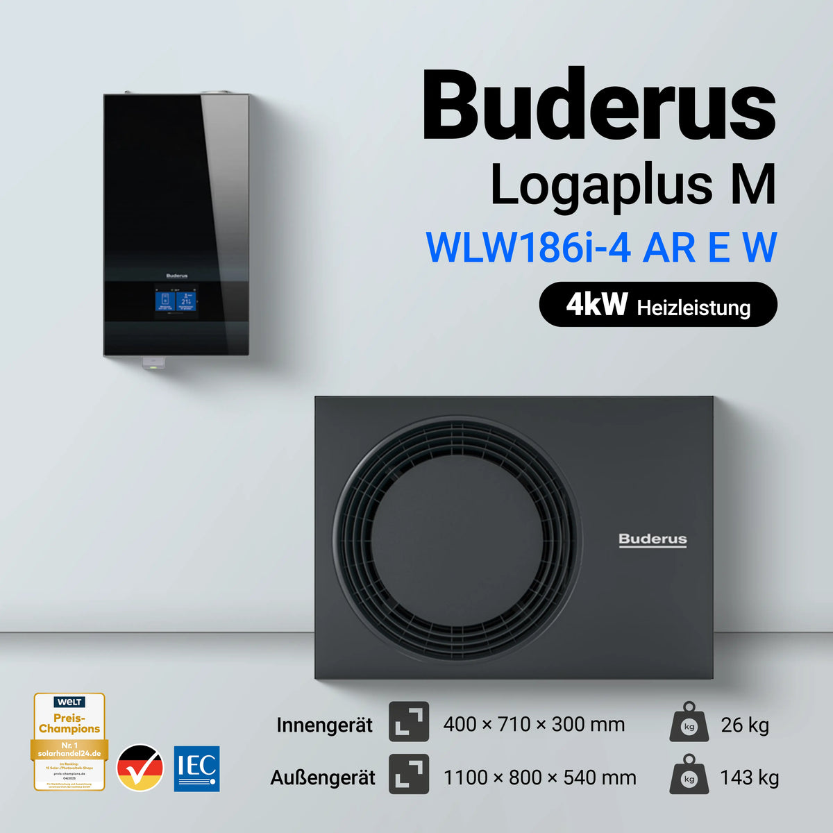 Buderus Logaplus M WLW186i-4 AR E Wärmepumpe (4 kW), Infografik mit Abmessungen und Gewichten für schwarzes Innengerät (400x710x300mm, 26kg) und Außengerät (1100x800x540mm, 143kg).