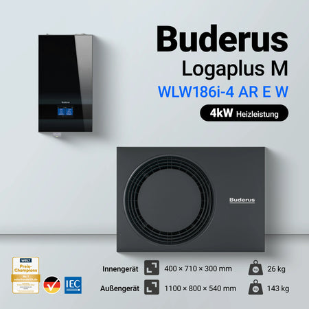 Buderus Logaplus M WLW186i-4 AR E Wärmepumpe (4 kW), Infografik mit Abmessungen und Gewichten für schwarzes Innengerät (400x710x300mm, 26kg) und Außengerät (1100x800x540mm, 143kg).