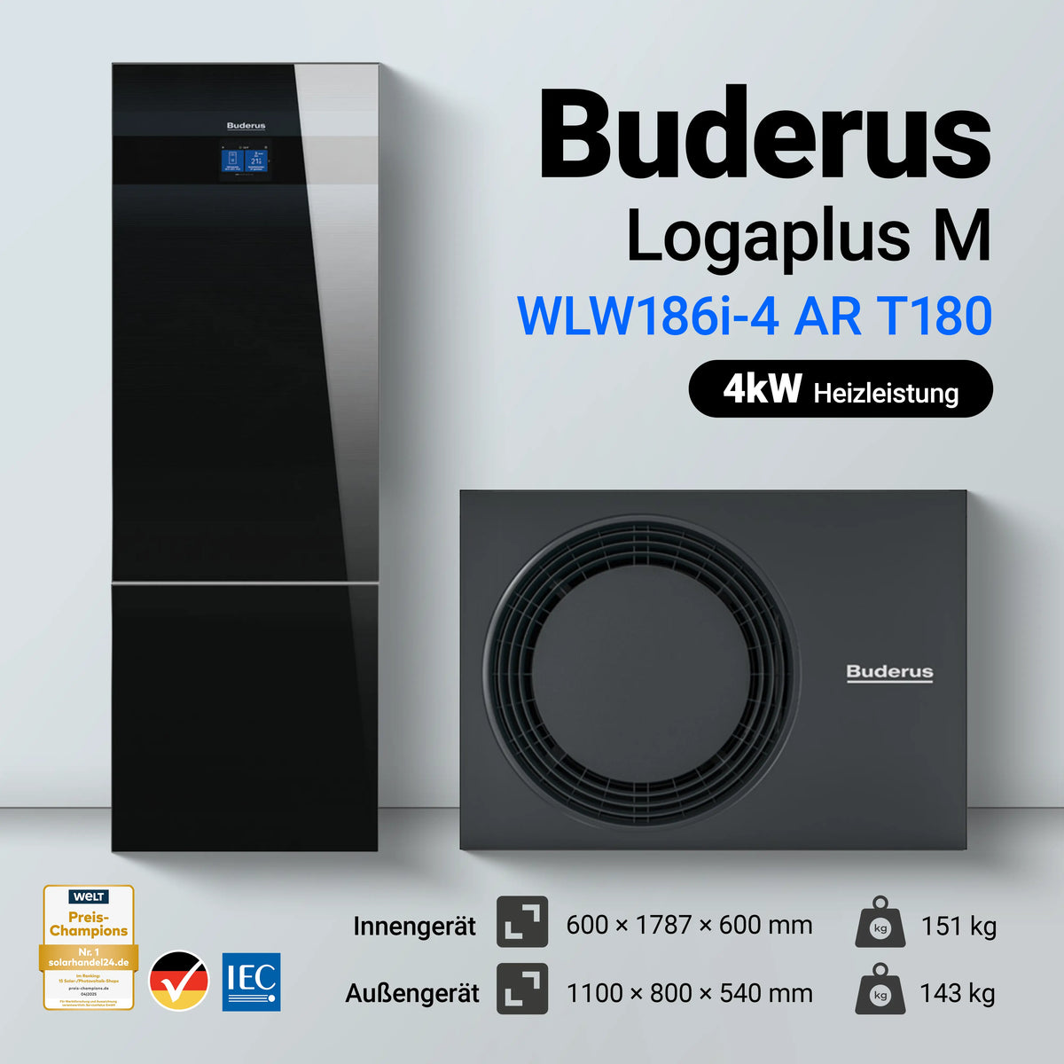 Buderus Logaplus M WLW186i-4 AR T180 Wärmepumpe 4kW, Infografik mit Abmessungen und Gewichten von Innen- und Außengerät (schwarz)