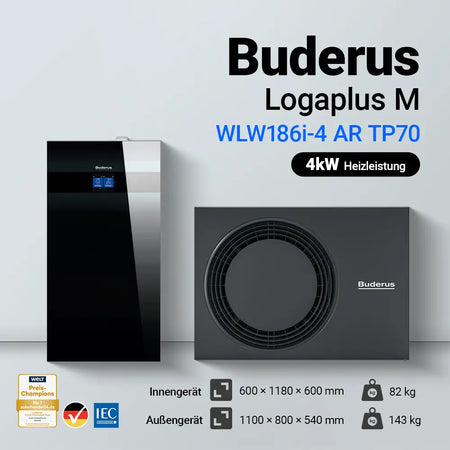 Buderus Logaplus M WLW186i-4 AR TP70 Wärmepumpe 4 kW, Infografik mit schwarzem Innengerät