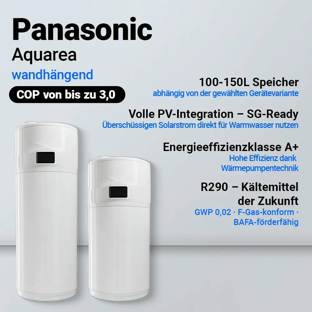 Panasonic Aquarea Brauchwasserwärmepumpe 100 L – wandhängend | P-DHW100AE5. 100-150 L Speicher, volle PV-Integration - SG-Ready, Energieeffizienzklasse A+, R290 - Kältemittel der Zukunft 