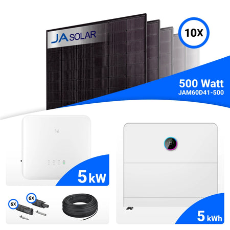 PV-Komplettset 5 kWp mit 10 JA Solar 500 W Full Black Modulen und GoodWe ESA All-in-One-System mit GW5-Speicher, 5 kWh