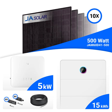 PV-Komplettset 5 kWp mit 10 JA Solar 500 W Full Black Modulen und GoodWe ESA All-in-One-System mit GW5-Speicher, 15 kWh