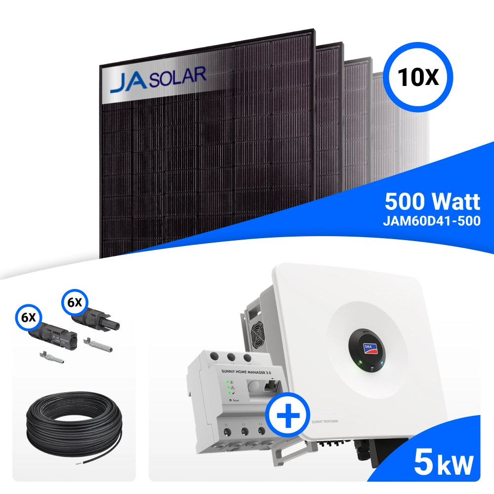 PV-Komplettset 5 kWp mit 10 JA Solar 500 W Full Black Modulen und SMA Sunny Tripower Hybrid X 5.0, ohne Speicher und ohne Backup
