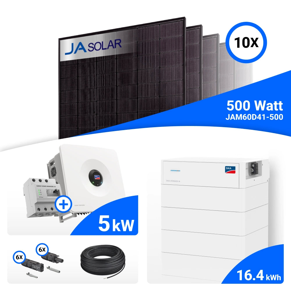 PV-Komplettset 5 kWp mit 10 JA Solar 500 W Full Black Modulen, SMA Sunny Tripower Hybrid X 5.0 und SMA Storage M Speicher mit 16,4 kWh, ohne Backup