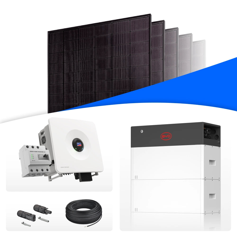 PV-Komplettset 5 kWp mit 10 JA Solar 500 W Full Black Modulen, SMA Sunny Tripower Hybrid X 5.0 und BYD HVM+ Speicher mit 22,1 kWh, mit Backup-Kit