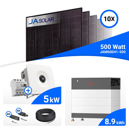 PV-Komplettset 5 kWp mit 10 JA Solar 500 W Full Black Modulen, SMA Sunny Tripower Hybrid X 5.0 und BYD HVB Speicher mit 8,9 kWh, mit Backup-Kit