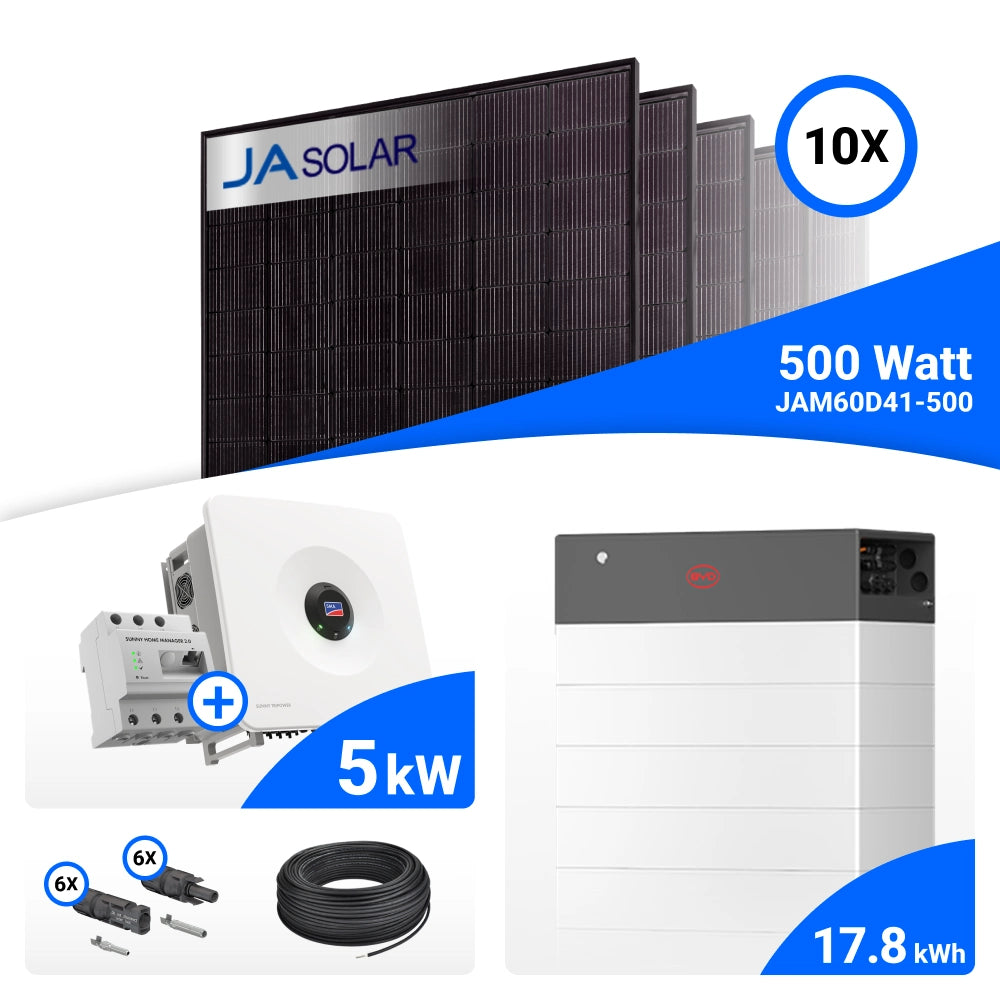 PV-Komplettset 5 kWp mit 10 JA Solar 500 W Full Black Modulen, SMA Sunny Tripower Hybrid X 5.0 und BYD HVB Speicher mit 17,8 kWh, mit Backup-Kit