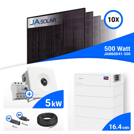 PV-Komplettset 5 kWp mit 10 JA Solar 500 W Full Black Modulen, SMA Sunny Tripower Hybrid X 5.0 und SMA Storage M Speicher mit 16,4 kWh, mit Backup-Box
