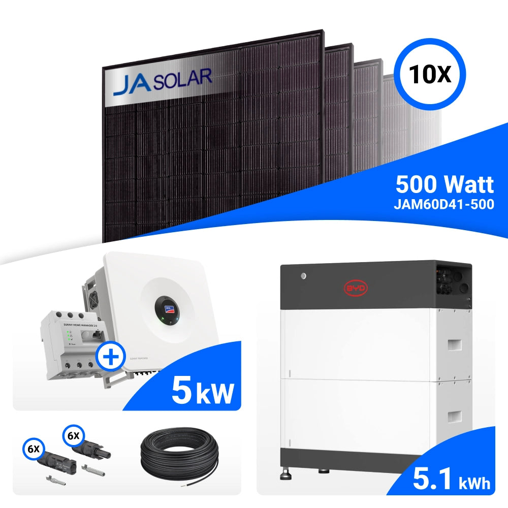 PV-Komplettset 5 kWp mit 10 JA Solar 500 W Full Black Modulen, SMA Sunny Tripower Hybrid X 5.0 und BYD HVS+ Speicher mit 5,1 kWh, mit Backup-Box