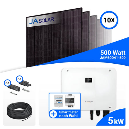 PV-Komplettset 5 kWp mit 10 JA Solar 500 W Full Black Modulen, Sungrow SH5T und Sungrow iHome Manager, ohne Speicher