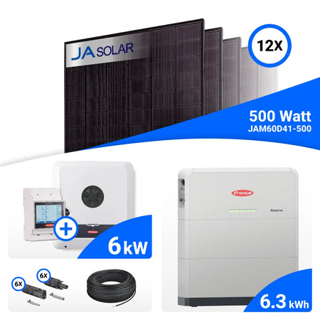 PV-Komplettset 6 kWp mit 12 JA Solar 500 W Full Black Modulen, Fronius SYMO-GEN24 6.0 Plus SC und Fronius Reserva 6.3 Speicher