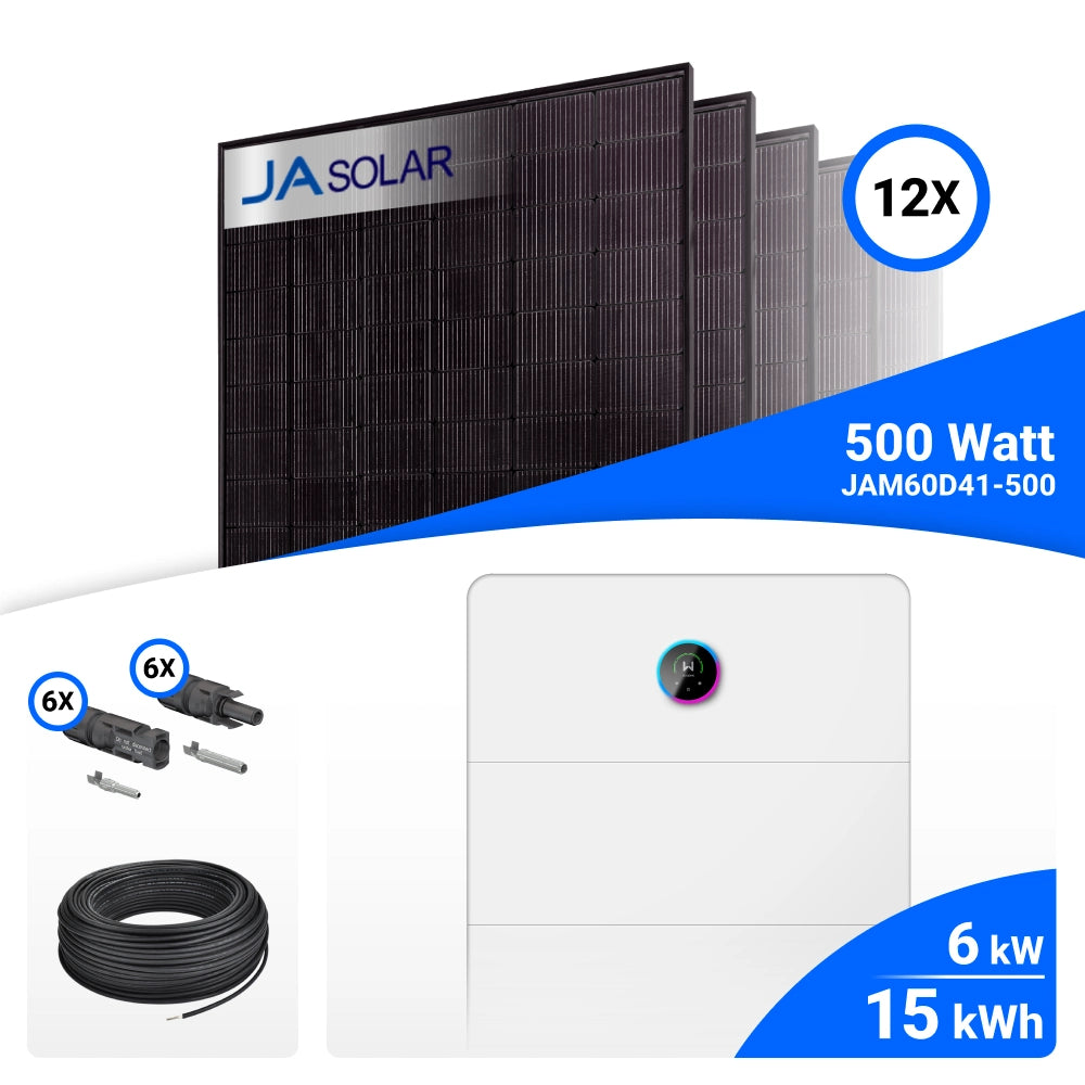 PV-Komplettset 6 kWp mit 12 JA Solar 500 W Full Black Modulen und GoodWe ESA All-in-One-System mit GW5-Speicher, 15 kWh