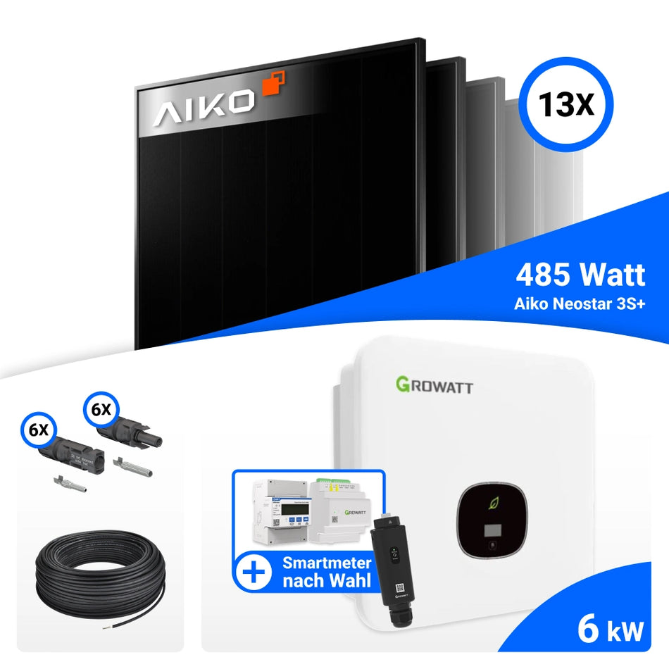 PV Komplettset 6 kWp – 13x AIKO 485W Full Black & Growatt MOD 6000TL3-XH BP mit Speicheroption