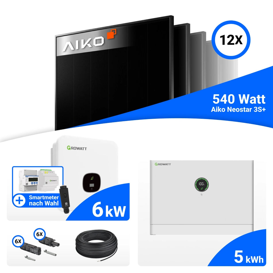 PV Komplettset 6 kWp – 12x AIKO 540W Full Black & Growatt MOD 6000TL3-XH BP mit Speicheroption