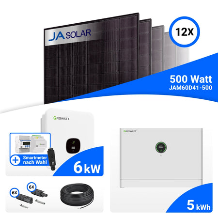 PV-Komplettset 6 kWp mit 12 JA Solar 500 W Full Black Modulen, Growatt MOD 6000TL3-XH BP, Growatt Smart Meter TPM-C und Growatt APX 5.0M-S3 Speicher