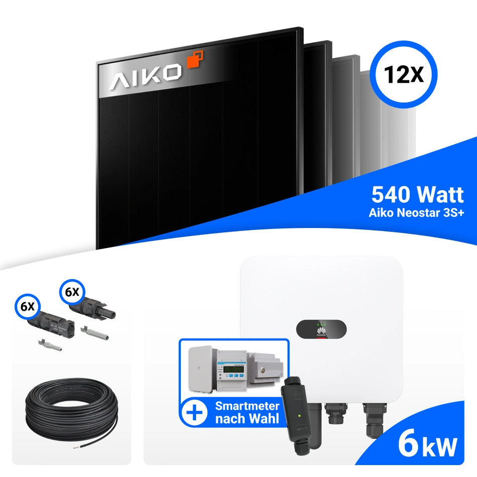 PV Komplettset 6 kWp – 12x AIKO 540W Full Black & Huawei MAP0 mit Speicheroption