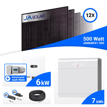 PV-Komplettset 6 kWp mit 12 JA Solar 500 W Full Black Modulen, Huawei SUN2000-6K-MAP0, Huawei SA4H-A02 / EMMA-A02 Energiemanagement Assistent und Huawei LUNA2000-7-S1 Speicher