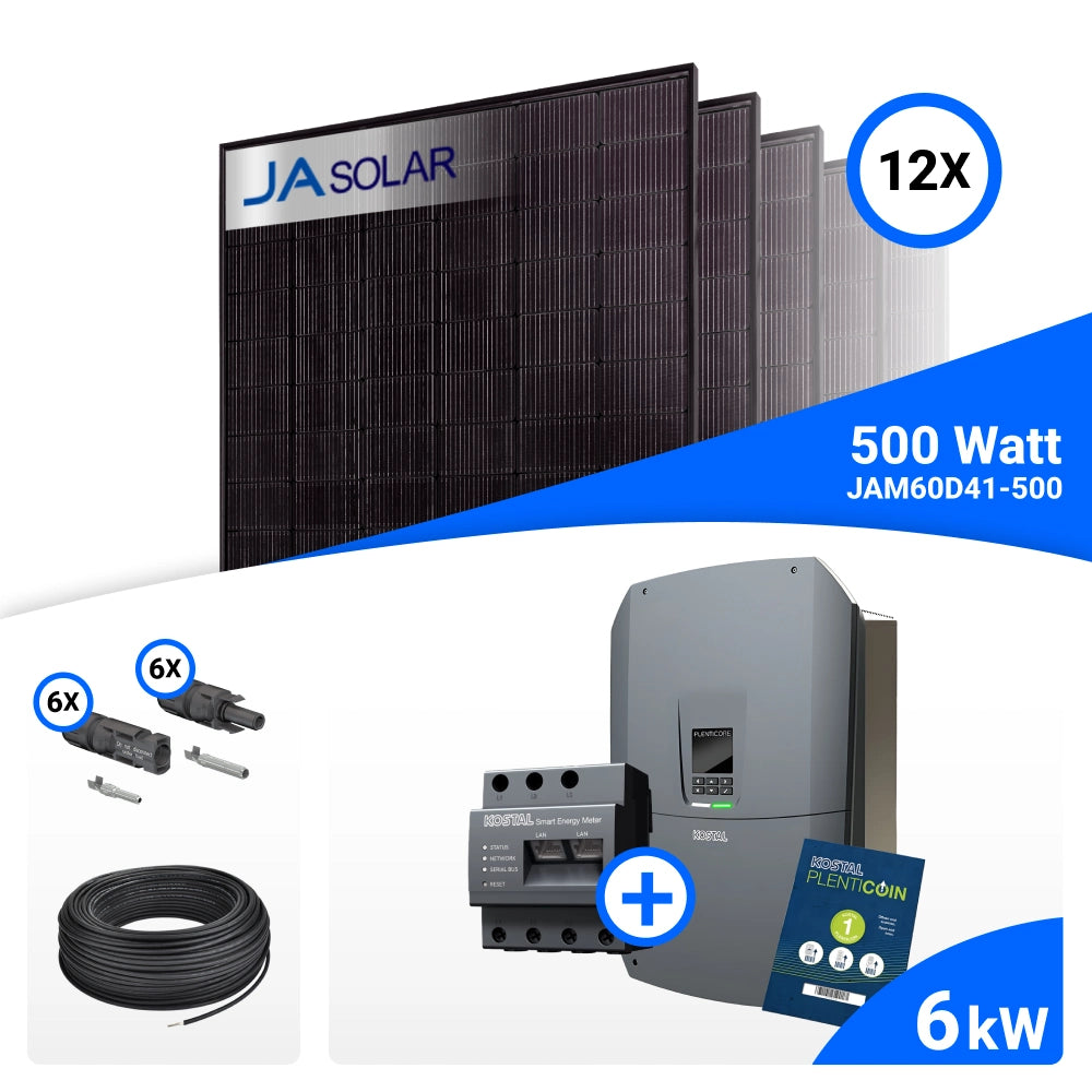 PV-Komplettset 6 kWp mit 12 JA Solar 500 W Full Black Modulen und Kostal Plenticore G3 S, ohne Speicher