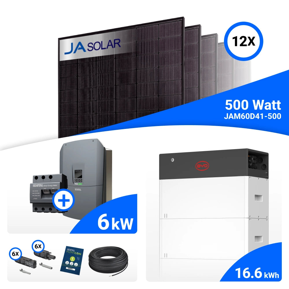 PV-Komplettset 6 kWp mit 12 JA Solar 500 W Full Black Modulen, Kostal Plenticore G3 S und BYD HVM+ Speicher mit 16,6 kWh