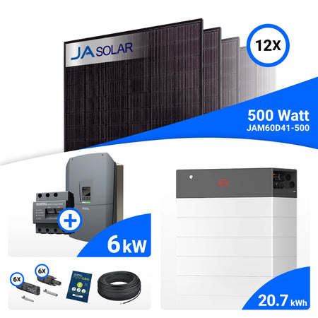 PV-Komplettset 6 kWp mit 12 JA Solar 500 W Full Black Modulen, Kostal Plenticore G3 S und BYD HVB Speicher mit 20,7 kWh
