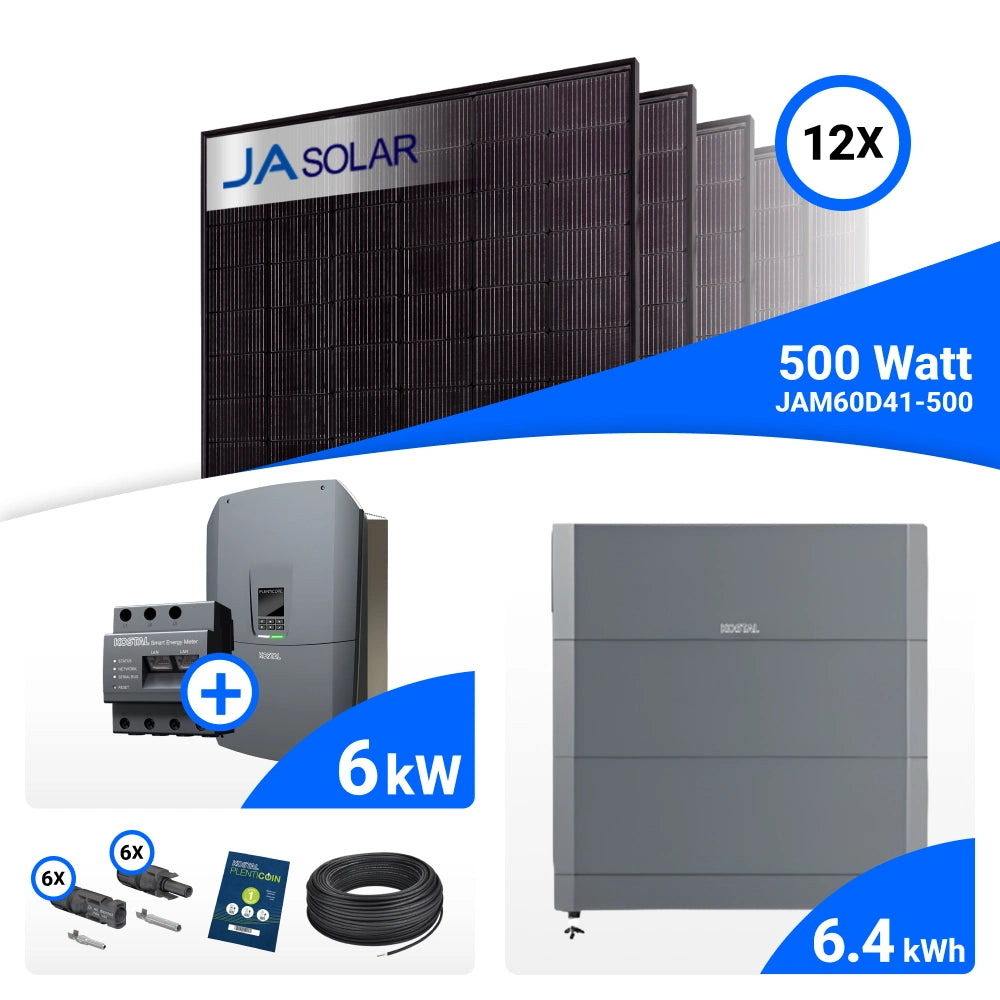 PV-Komplettset 6 kWp mit 12 JA Solar 500 W Full Black Modulen, Kostal Plenticore G3 S und Helivor HV Speicher mit 6,4 kWh