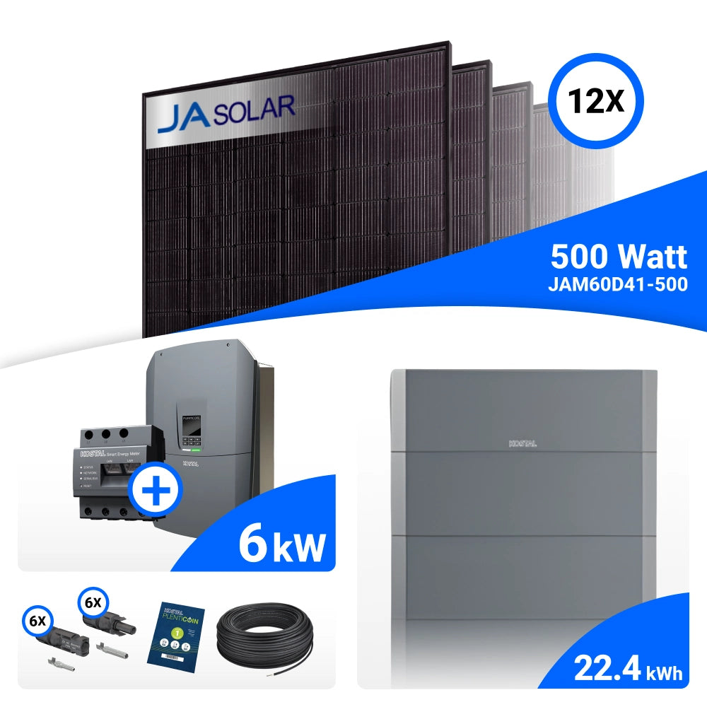 PV-Komplettset 6 kWp mit 12 JA Solar 500 W Full Black Modulen, Kostal Plenticore G3 S und Helivor HV Speicher mit 22,4 kWh