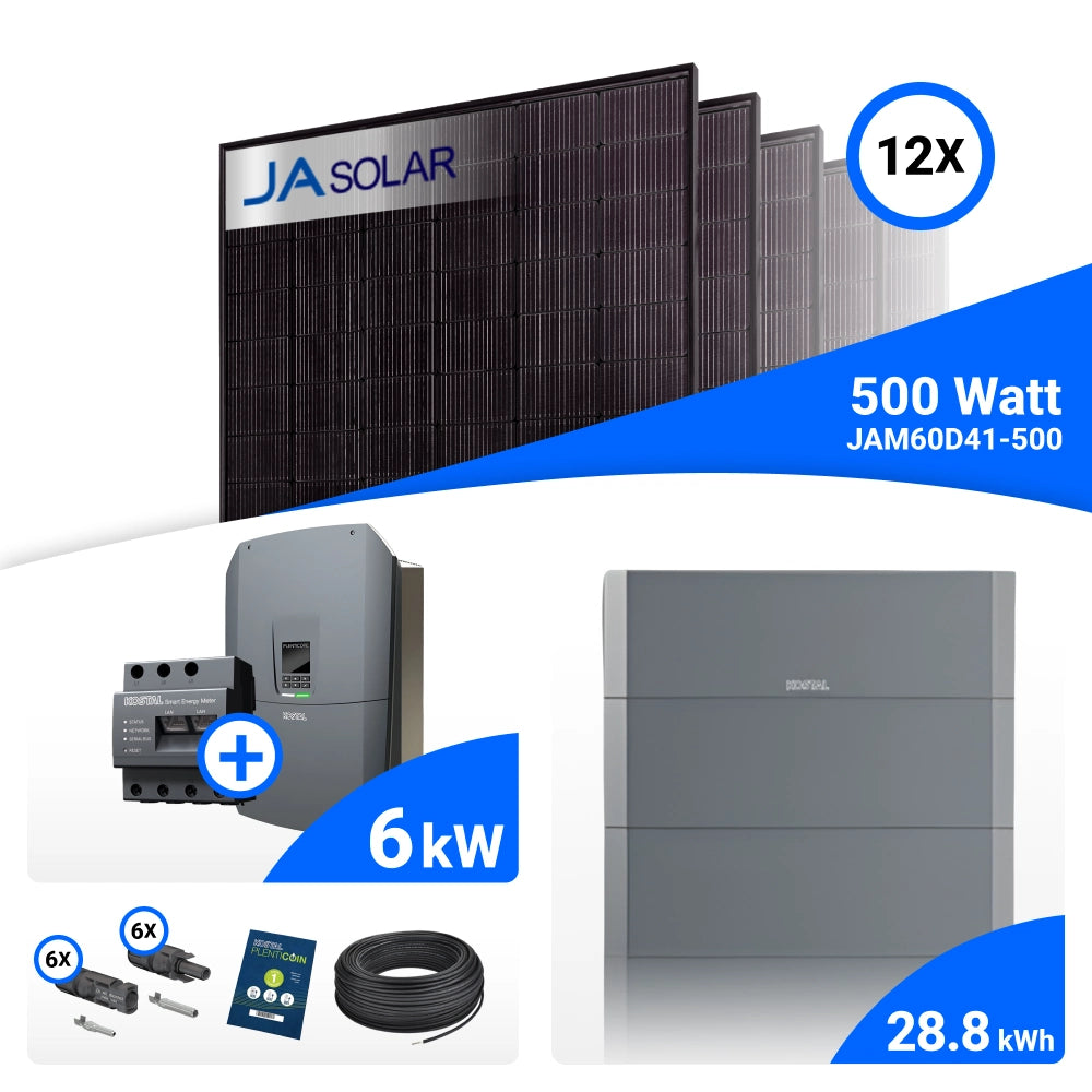 PV-Komplettset 6 kWp mit 12 JA Solar 500 W Full Black Modulen, Kostal Plenticore G3 S und Helivor HV Speicher mit 28,8 kWh