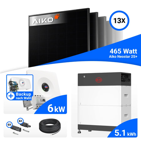 PV-Komplettset mit 13 AIKO Neostar 2S+ 465 W Modulen, SMA 6 kW Wechselrichter und BYD Speicher mit 5,1 kWh