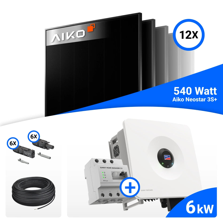 PV Komplettset 6 kWp – 12x AIKO 540W Full Black & SMA Sunny Tripower Hybrid X 6.0 mit Speicheroption