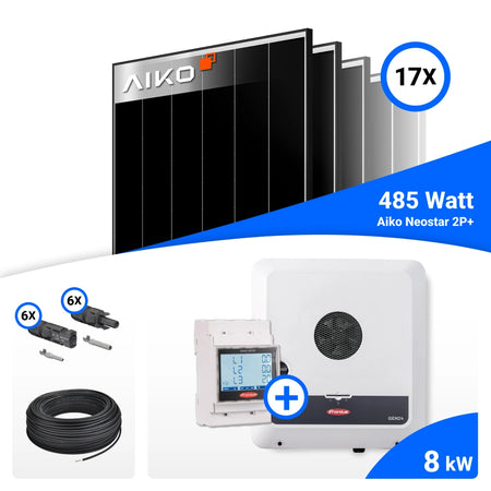 PV-Komplettset mit 17 AIKO 485-W-Solarmodulen, Fronius 8-kW-Wechselrichter mit Smart Meter, Anschlusskabeln und Steckverbindern.