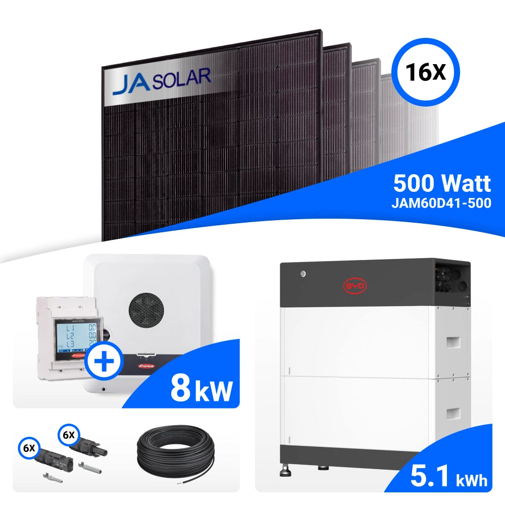 PV-Komplettset 8 kWp mit 16 JA Solar 500 W Full Black Modulen, Fronius SYMO-GEN24 8.0 Plus SC und BYD HVS+ Speicher mit 5,1 kWh