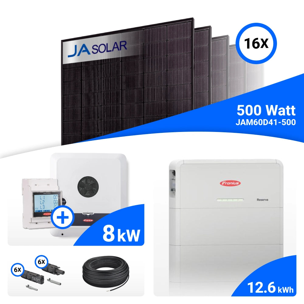 PV-Komplettset 8 kWp mit 16 JA Solar 500 W Full Black Modulen, Fronius SYMO-GEN24 8.0 Plus SC und Fronius Reserva 12.6 Speicher