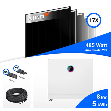 PV-Komplettset mit 17 AIKO 485-W-Solarmodulen, GoodWe 8-kW-Wechselrichter mit 5-kWh-Speicher, Anschlusskabeln und Steckverbindern.