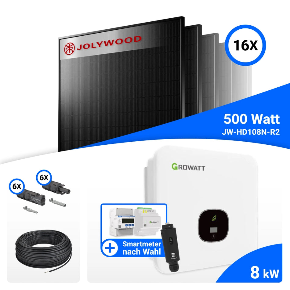 PV Komplettset 8 kWp – 16x Jolywood 500W Full Black & Growatt MOD 8000TL3-XH BP mit Speicheroption
