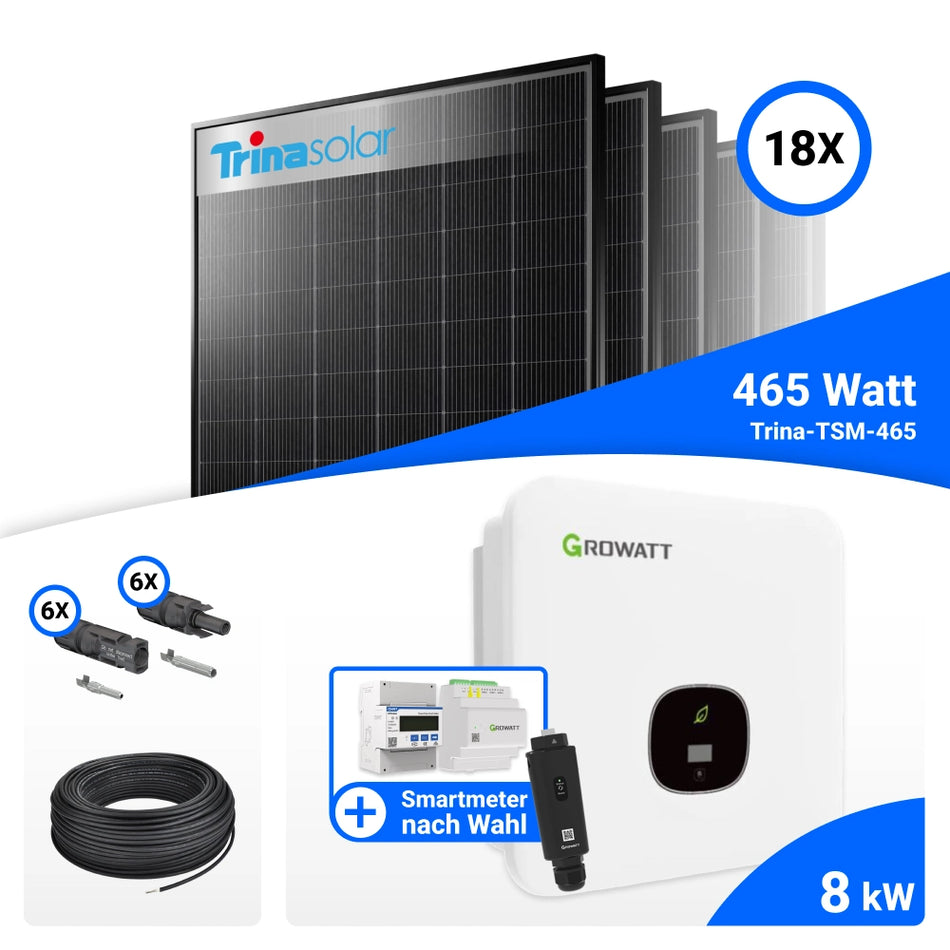 PV Komplettset 8 kWp – 18x Trina 465W Black Frame & Growatt MOD 8000TL3-XH BP mit Speicheroption