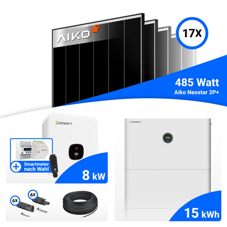 Set-Bestandteile 8 kWp PV Komplettset mit AIKO 485W Black Frame und Growatt MOD8000TL3-XH-BP