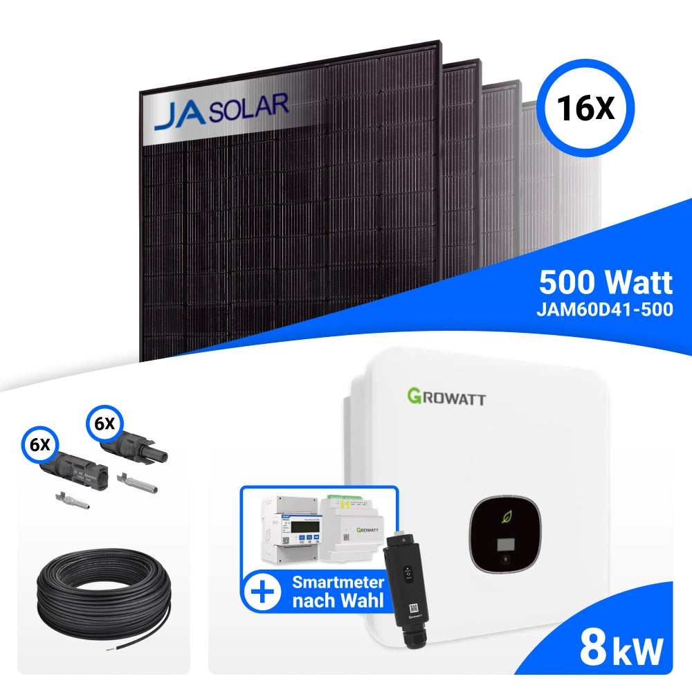 PV-Komplettset 8 kWp mit 16 JA Solar 500 W Full Black Modulen, Growatt MOD 8000TL3-XH BP und Growatt Smart Meter TPM-C, ohne Speicher